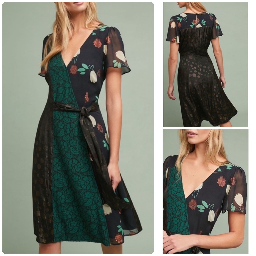 Moulinette Soeurs Anthropologie Ciao Bella Belted Faux Wrap Dress Size 2P Floral
